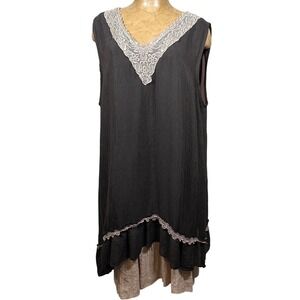 L&B Women 3XL Brown Tan Layered Lagenlook Lace V-Neck Sleeveless Tunic Dress
